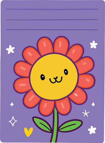 A bright and cheerful sunflower with a happy face on a purple notepad