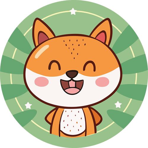 A round sticker featuring a happy orange fox with a cheerful expression on a green background