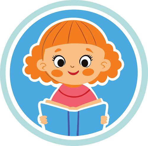 A cheerful girl with curly red hair reading a book inside a circular sticker design",