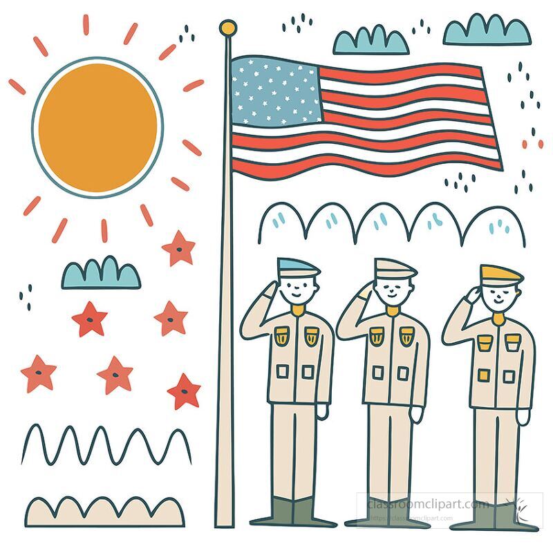 Three soldiers stand at attention saluting the American flag proudly In the background cheerful clouds and stars create an uplifting atmosphere under a bright sun