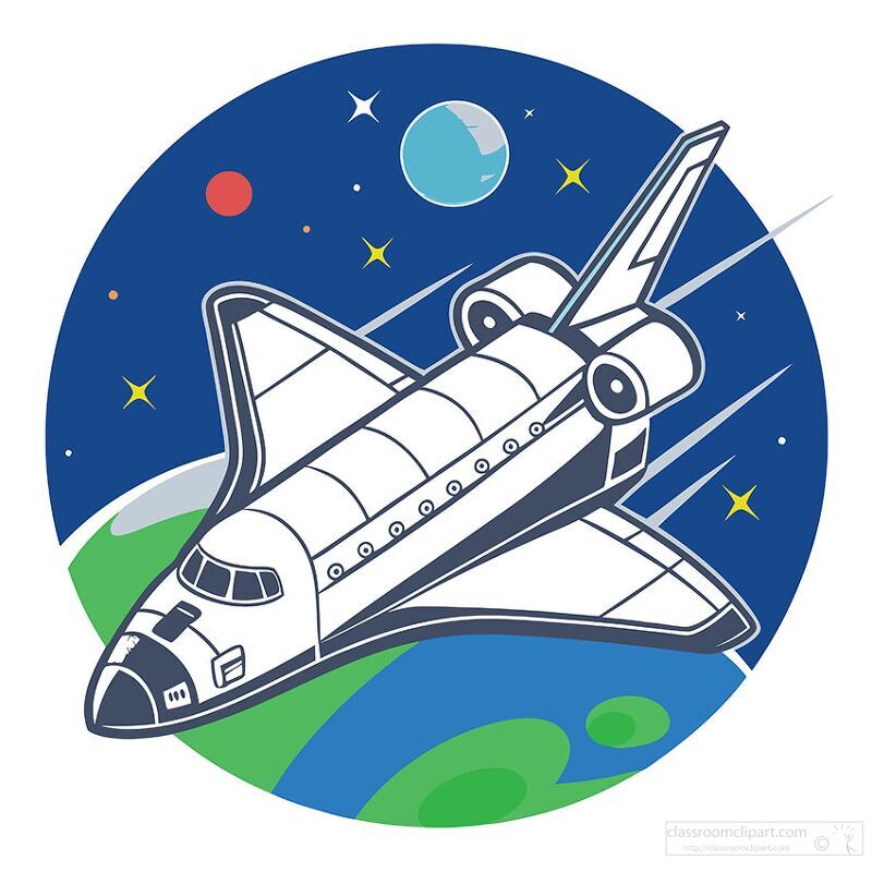 A vibrant clipart of a space shuttle navigating through the cosmos, surrounded by twinkling stars and a planet. The design captures the thrill of space exploration and adventure.