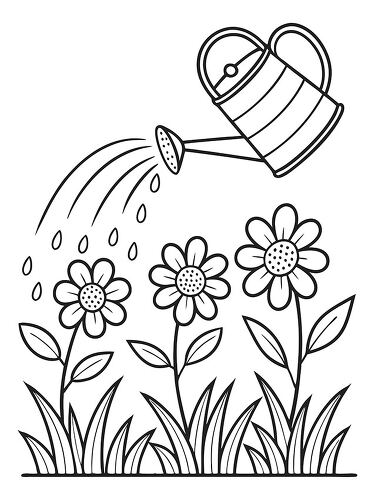 Kids enjoy coloring a watering can pouring water on flowers