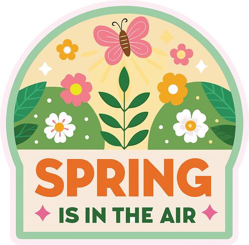 Colorful sticker illustrates spring themes with flowers and a butterfly vibrant and cheerful