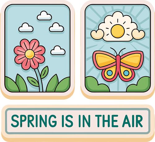 A colorful sticker showing spring elements with a flower and butterfly featuring cheerful symbols