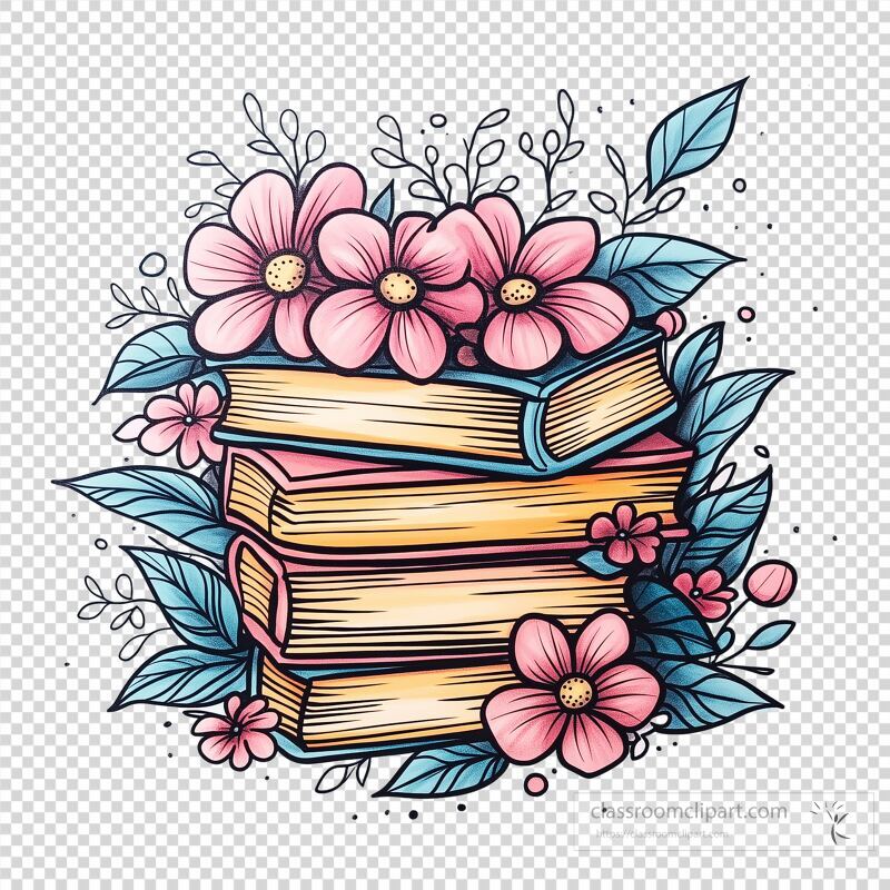 A vibrant illustration features a stack of books adorned with delicate pink flowers and green leaves The arrangement showcases the beauty of nature intertwined with literature, creating a charming visual that emphasizes creativity and inspiration