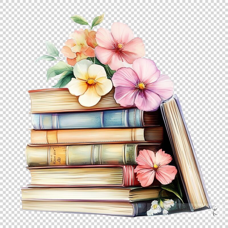 A collection of several stacked books rests neatly on a surface Atop the books, a variety of delicate flowers in pastel colors bloom This arrangement creates a harmonious blend of literature and nature, giving an inviting look to any reading space