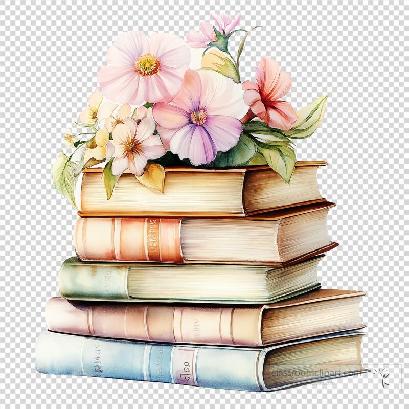 A collection of neatly stacked books with various colors and sizes, topped with a vibrant arrangement of flowers in soft pastel hues The floral display includes pink and white petals, adding a fresh and inviting touch to the literary scene