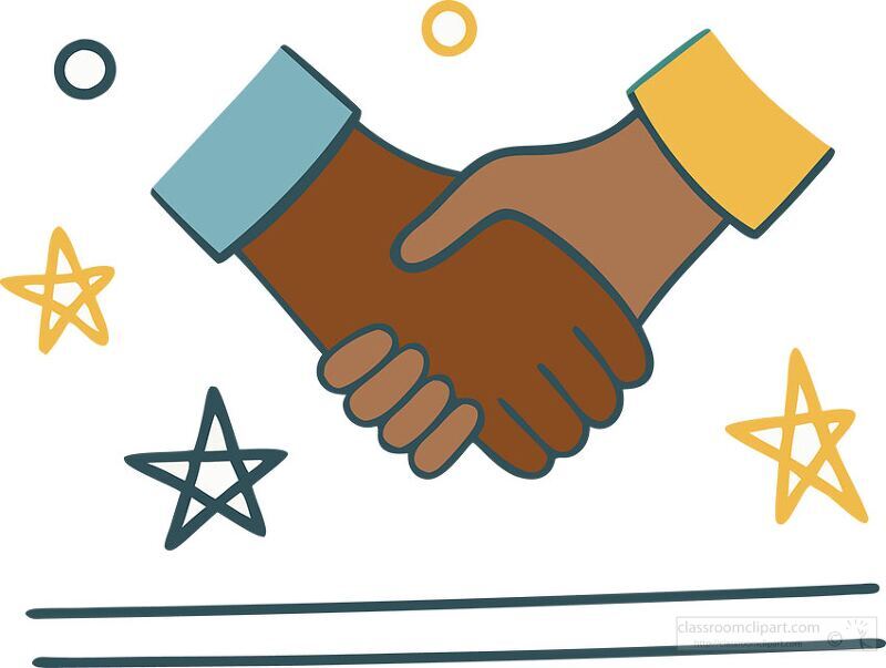 Two hands meet in a warm handshake, symbolizing collaboration and agreement at a partnership event filled with vibrant decorations. This scene captures trust and unity.