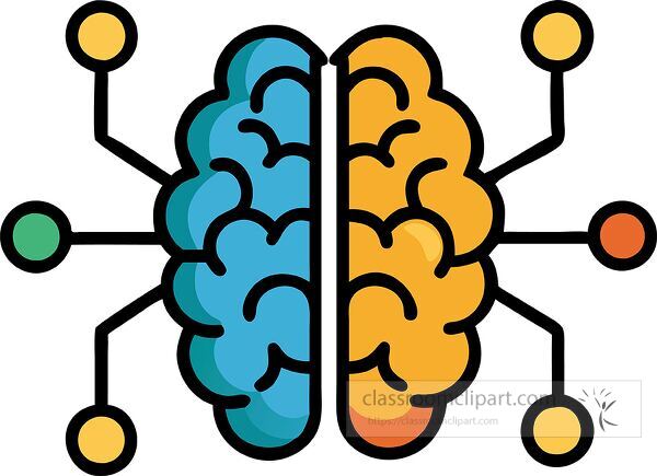 An illustration of a stylized brain divided into two halves, one blue and one orange, with connecting lines and nodes extending outward, symbolizing neural connections and technology.