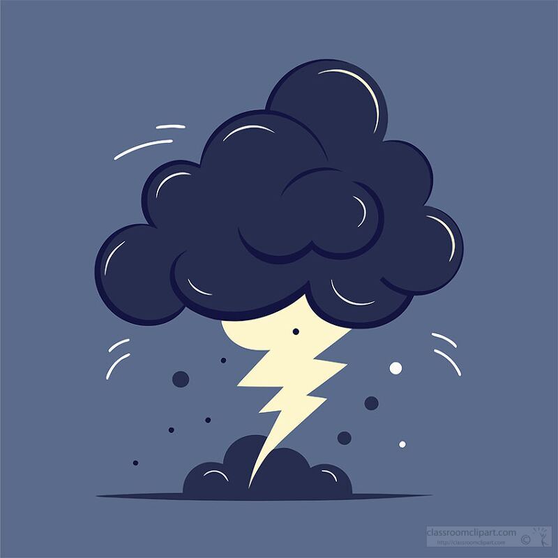 A stylized illustration of a dark cloud with a lightning bolt emerging from it, set against a blue background. The design features playful, cartoonish elements and abstract shapes around the cloud.