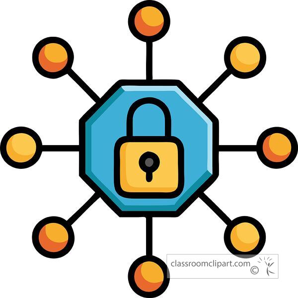 A flat design icon representing a cybersecurity network with bold outlines