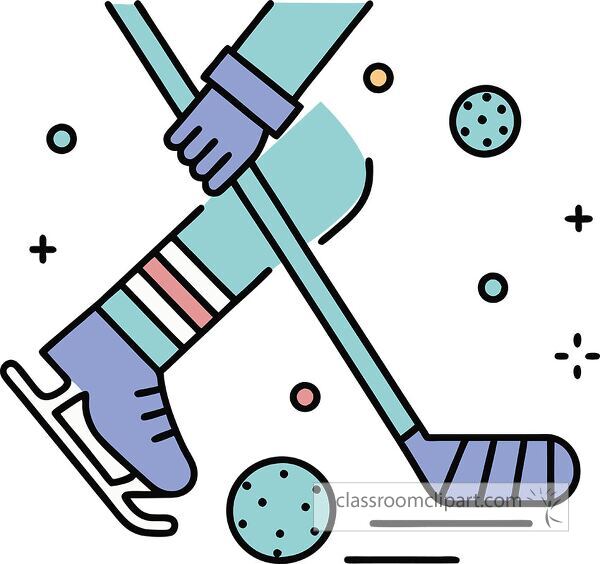 A stylized illustration of a hockey player in motion, showcasing a leg in a skate and holding a hockey stick. The design features playful colors and abstract shapes in the background.