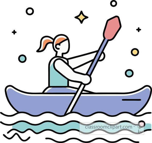 A stylized illustration of a person kayaking on water, with a paddle in hand. The figure is depicted in a simplistic, colorful design, surrounded by abstract shapes and stars.