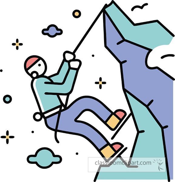 Colorful climber scales a rock with clouds and stars around.