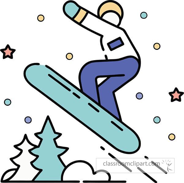 Snowboarder performs an exciting jump among snowy trees and stars.