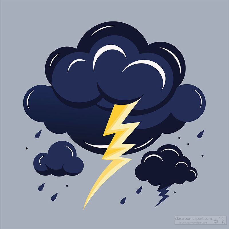 A stylized illustration of a dark storm cloud with a bright yellow lightning bolt striking through it. Smaller clouds and raindrops are depicted around the main cloud, creating a dramatic weather scene.