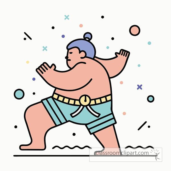 Playful sumo wrestler strikes a pose amidst colorful patterns.