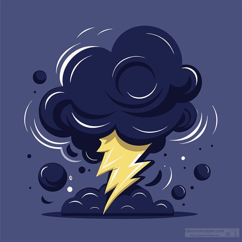 A stylized illustration of a thunderstorm featuring dark clouds and a bright yellow lightning bolt. The background is a deep blue, enhancing the dramatic effect of the storm.