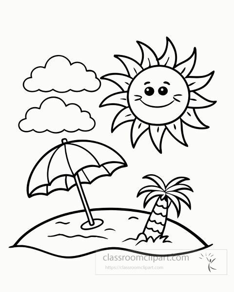 summer scene with sun and beach coloring page