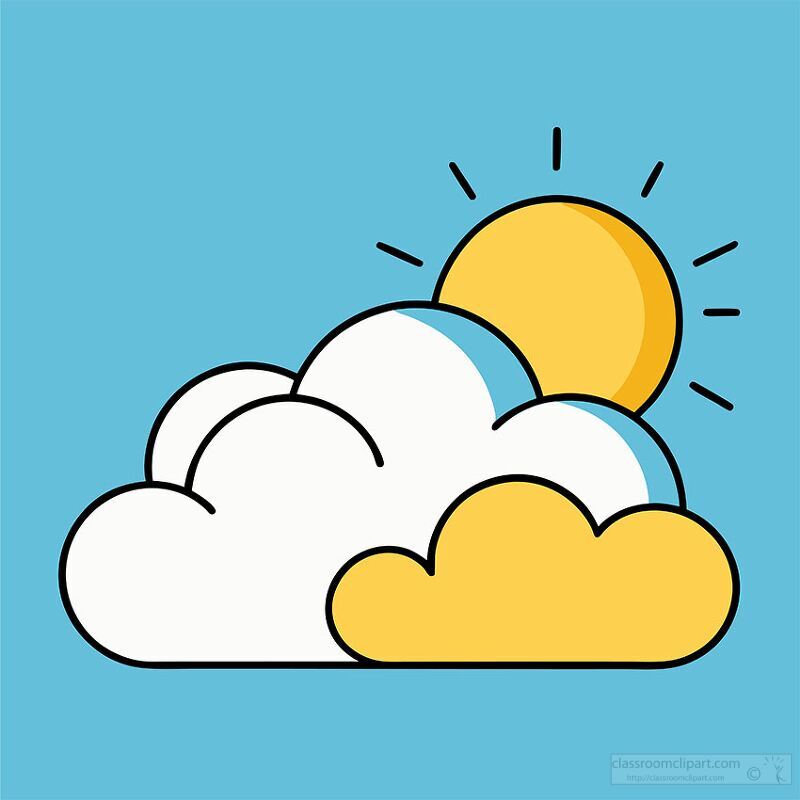 A simple, colorful illustration of a sun peeking out from behind fluffy clouds against a blue background.