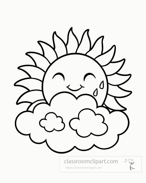 sun smiles behind clouds coloring page