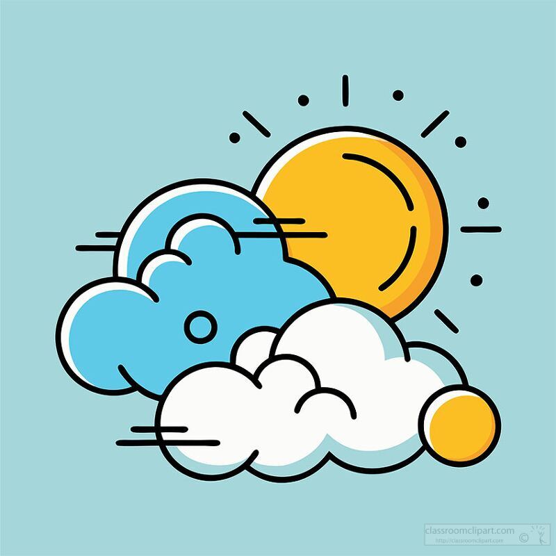 A colorful illustration of a sun peeking through stylized clouds against a light blue background. The sun is bright yellow, and the clouds are a mix of white and light blue, with dynamic lines suggesting movement.