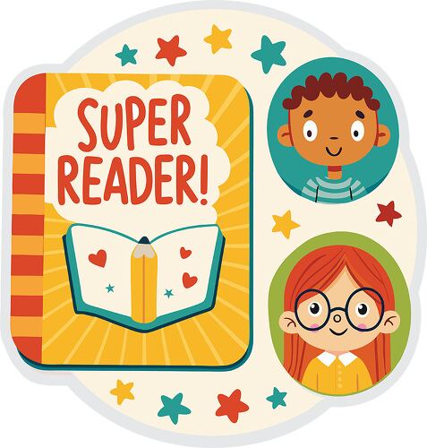 A colorful cartoon sticker featuring an open book, stars, and two smiling children with Super Reader text