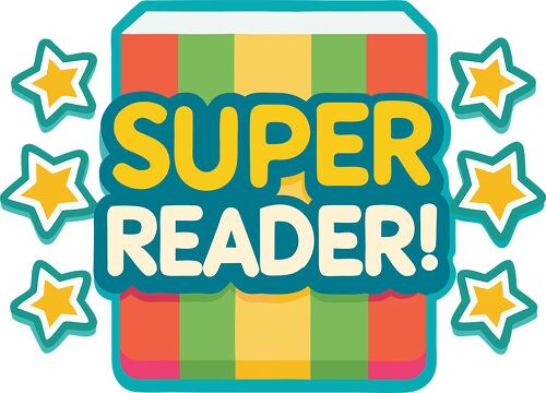 A colorful illustrated book with the words Super Reader surrounded by shining stars to celebrate reading achievements