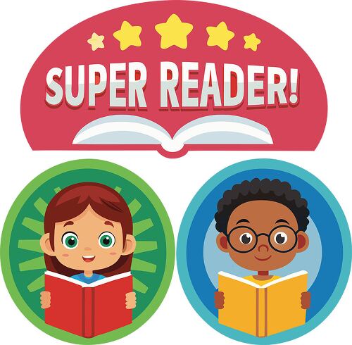 A fun sticker featuring two happy children reading books with a Super Readermbanner to encourage young readers