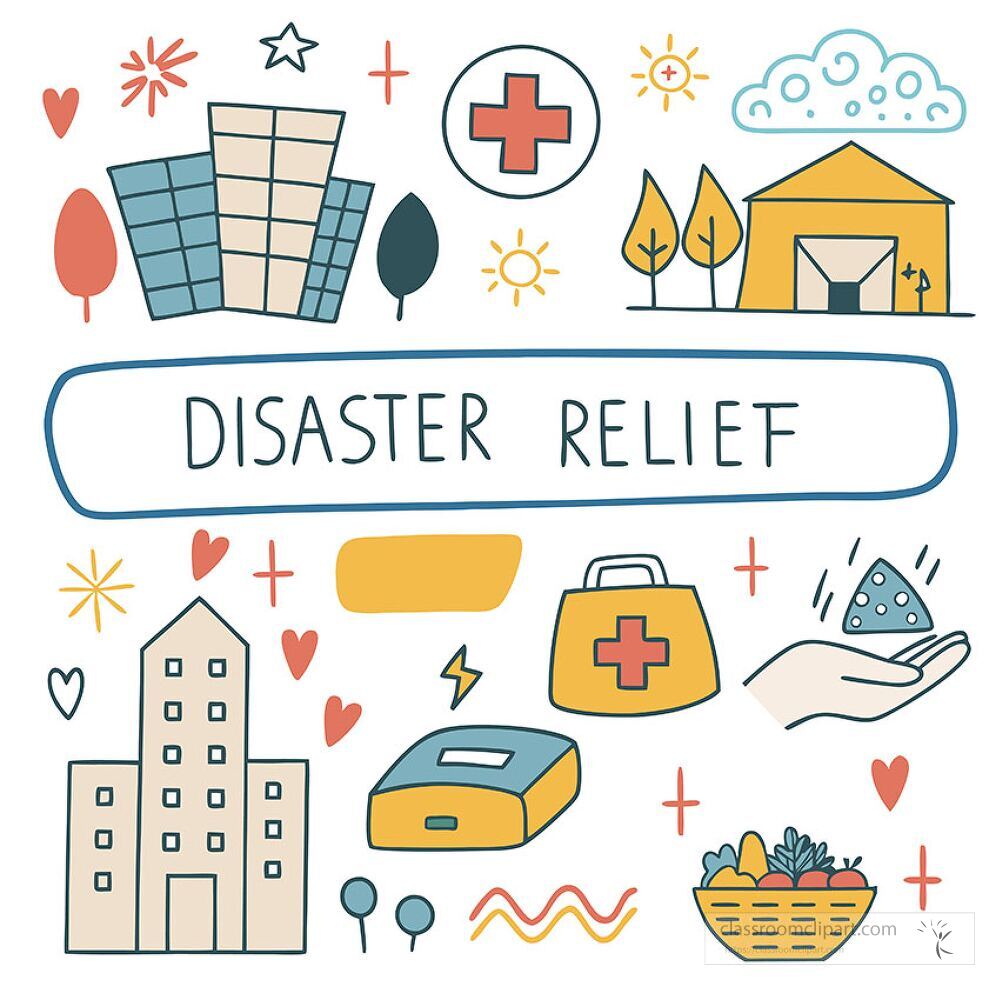 A colorful and engaging illustration highlights various aspects of disaster relief efforts