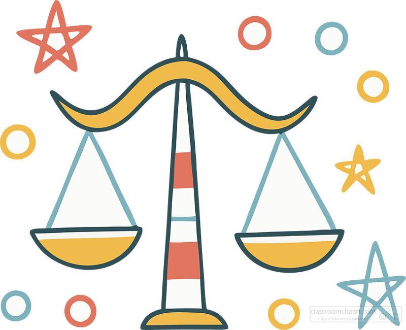 A creative depiction of the scales of justice set against vibrant, colorful shapes. This artwork evokes themes of fairness, balance, and legal integrity in an imaginative way.