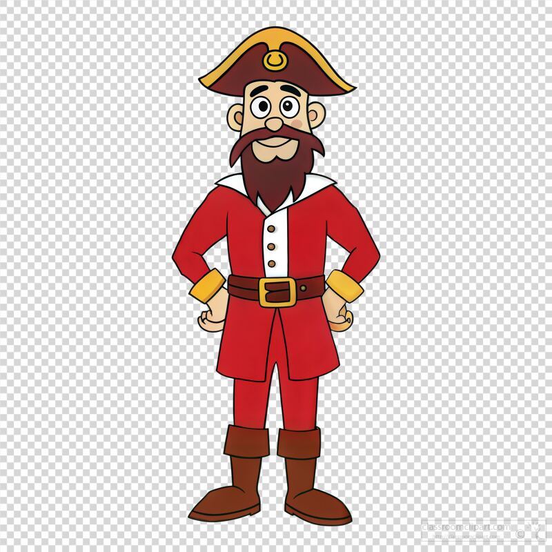 A tall pirate character stands confidently with a cheerful expression. He is dressed in a vibrant white outfit with a matching pirate hat and brown boots, showcasing a playful design during daytime.