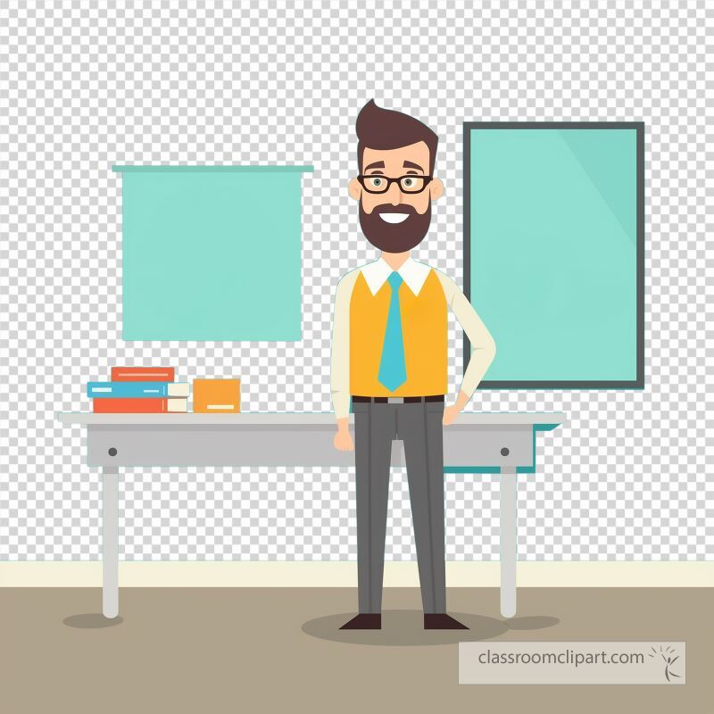 A creative depiction of a teacher in a classroom. He is wearing a stylish outfit with glasses and stands confidently beside a desk filled with books. Bright and inviting atmosphere.