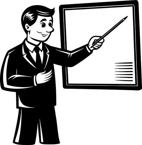 Male teacher in suit points to information on the classroom board