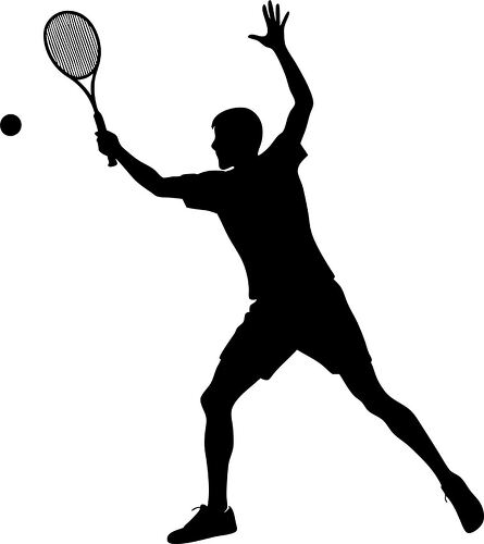 A silhouetted tennis player readies to hit the ball