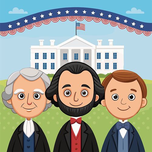 artoon depictions of past presidents by the White House celebrate Presidents Day