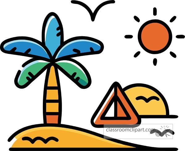 A colorful illustration of a tropical beach scene featuring a palm tree, a sun, and a tent on a sandy shore with waves.