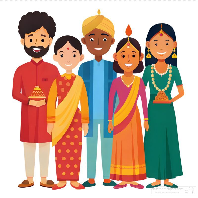 Men and women wear vibrant traditional clothing while celebrating Diwali. They hold sweets and stand together joyfully, embodying festive spirit and cultural pride during this auspicious occasion.