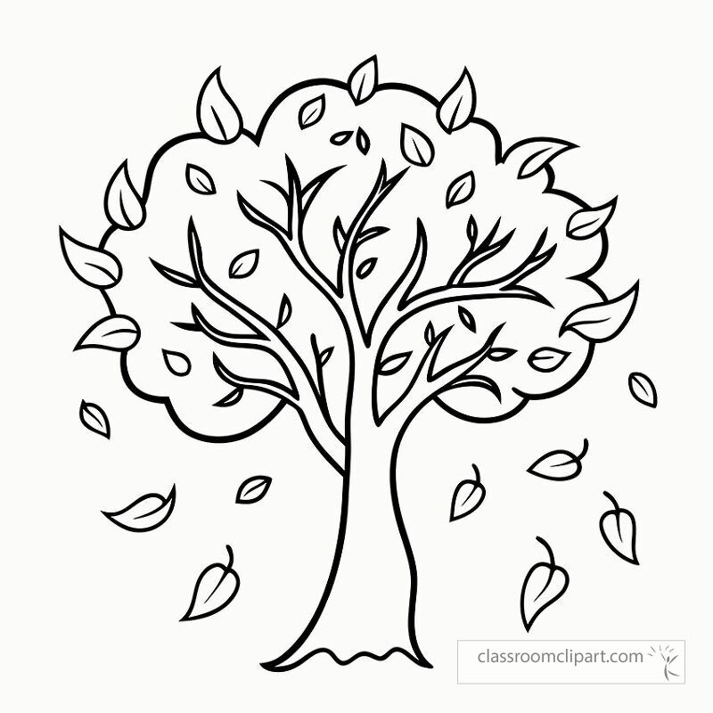 A black outline illustration of a tree with falling leaves is perfect for printing projects. This design captures the beauty of autumn in a simple yet elegant way.