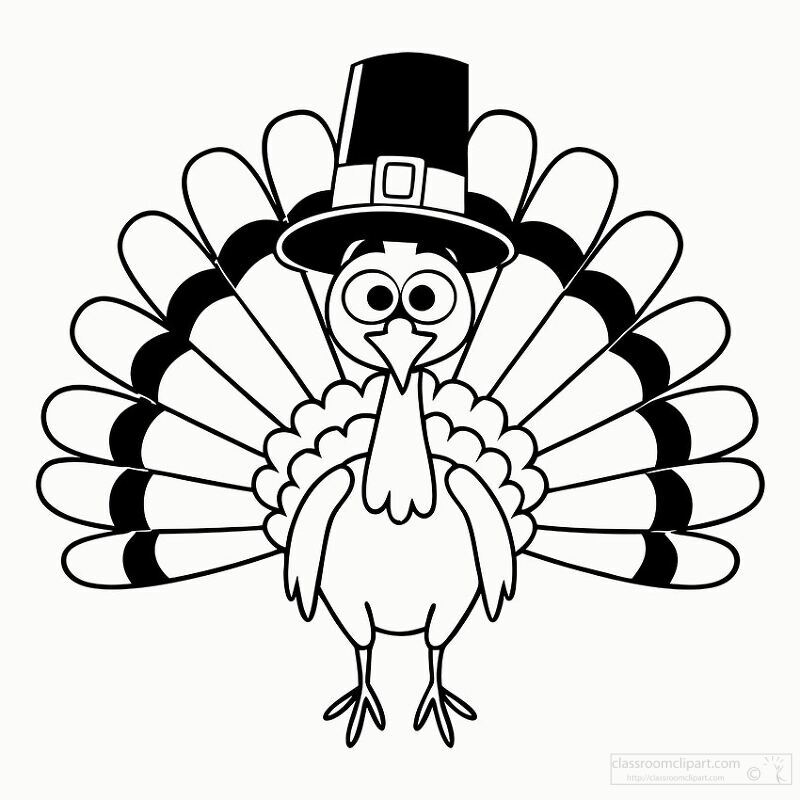 A cheerful turkey dons a tall black hat while displaying its colorful feathers in a festive manner This playful character is perfect for celebrations and holiday activities