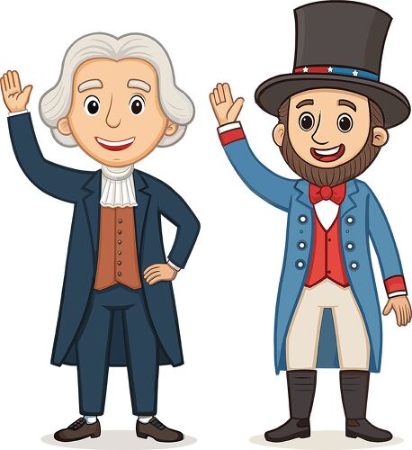 Two cheerful cartoon presidents wave in a festive illustration for Presidents Day celebrations