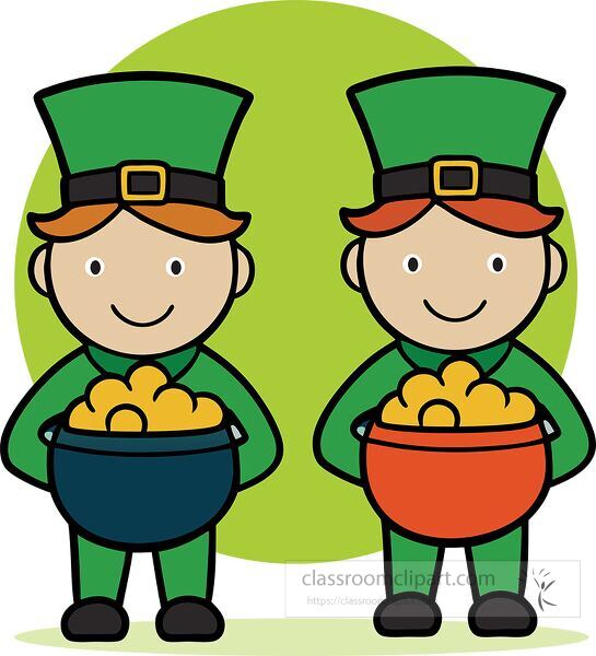 Two happy child leprechauns each hold a pot of gold.