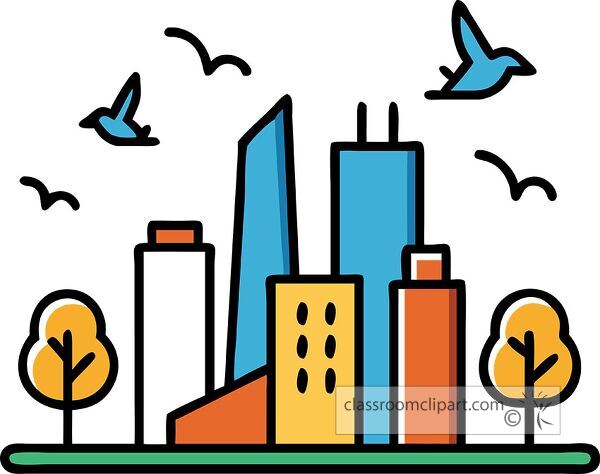 A colorful city skyline illustration featuring various buildings, trees, and birds in a clear sky.