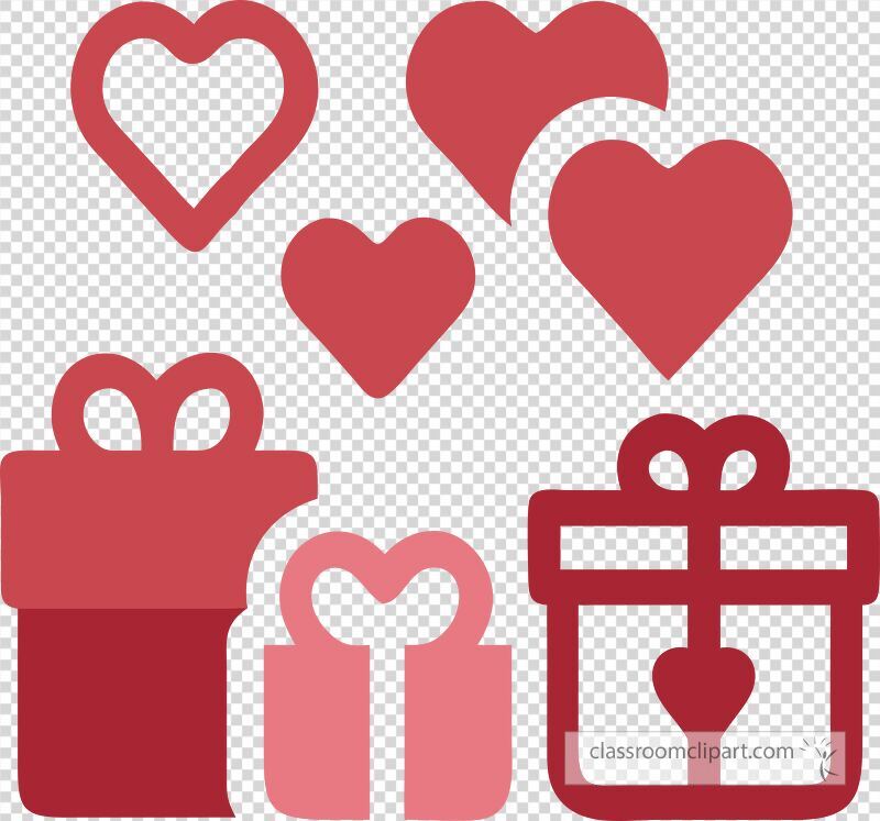 Colorful clip art features various heart shapes and gift boxes perfect for celebrating love. Ideal for creating cards or decorations for Valentines Day festivities and events.