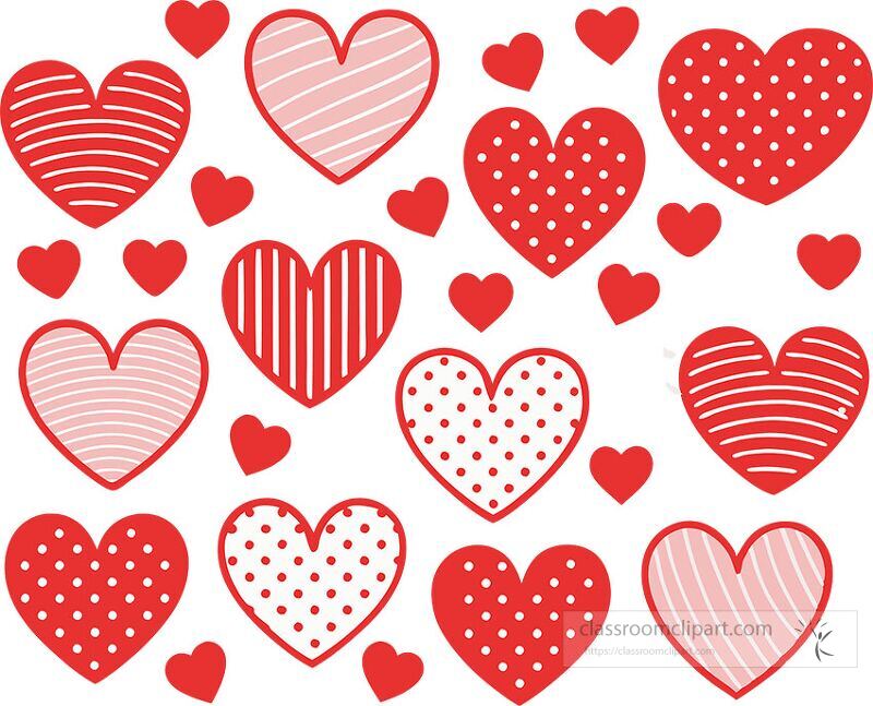 This artwork features a collection of red hearts with different designs. The hearts are arranged in a grid and include stripes polka dots and solid colors. It conveys a cheerful and festive feel.