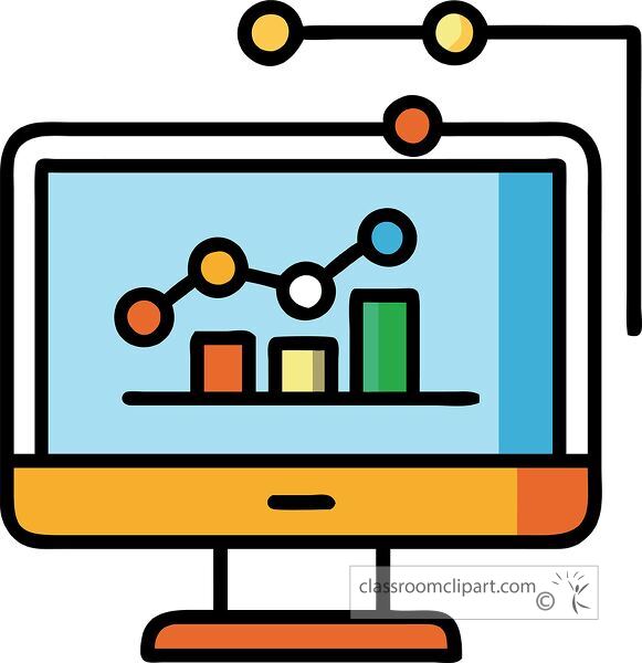 Flat design illustration of a computer monitor with colorful data visualization elements