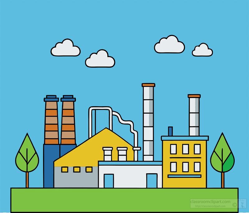 A lively factory area features tall chimneys, industrial buildings, and lush green trees under a bright blue sky with fluffy clouds. The illustration captures the essence of manufacturing activity.