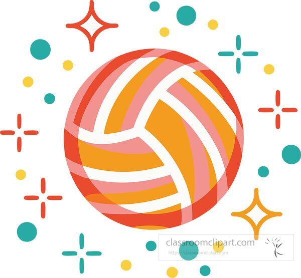 Vibrant volleyball graphic with playful colors and shapes.