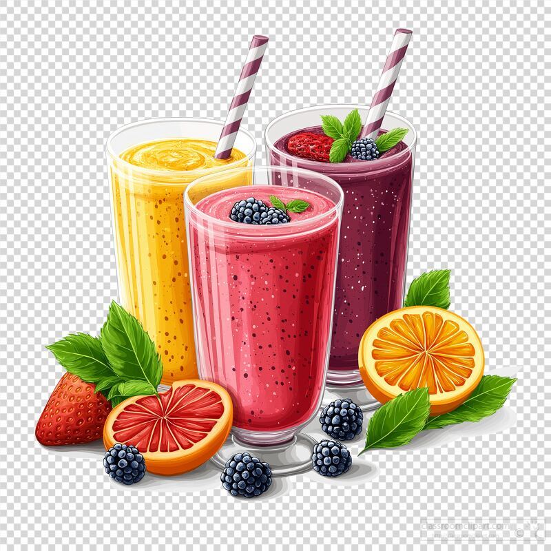 Three vibrant smoothies in clear glasses are surrounded by fresh fruits like strawberries, oranges, and blackberries, showcasing healthy ingredients and cheerful colors.