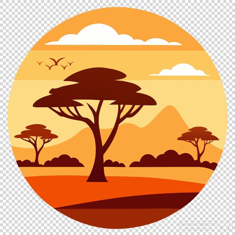 Warm hues of orange and gold blanket the African horizon as majestic trees stand tall against a backdrop of gentle mountains. Birds soar gracefully embracing the tranquil beauty of dusk in this stunning natural setting.